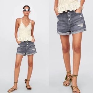 Zara Gray Distressed High Rise Denim Shorts